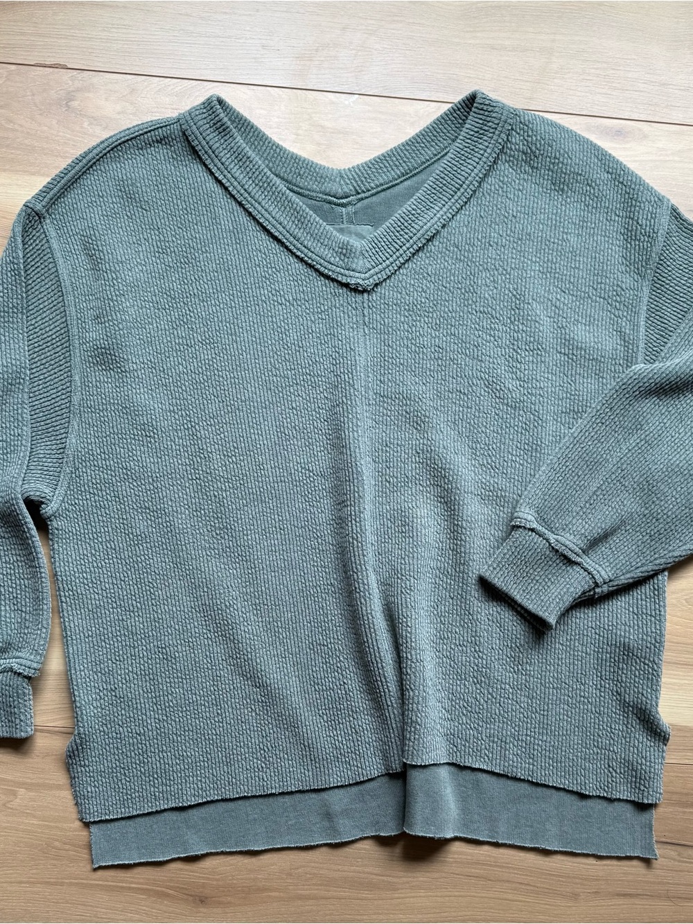 aerie Sage Green Waffle Knit V-Neck Sweatshirt
